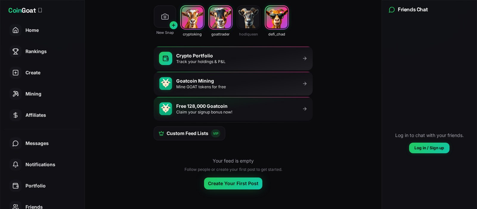 Screenshot of the CoinGoat.com app home feed showing crypto portfolio, Goatcoin mining and social features