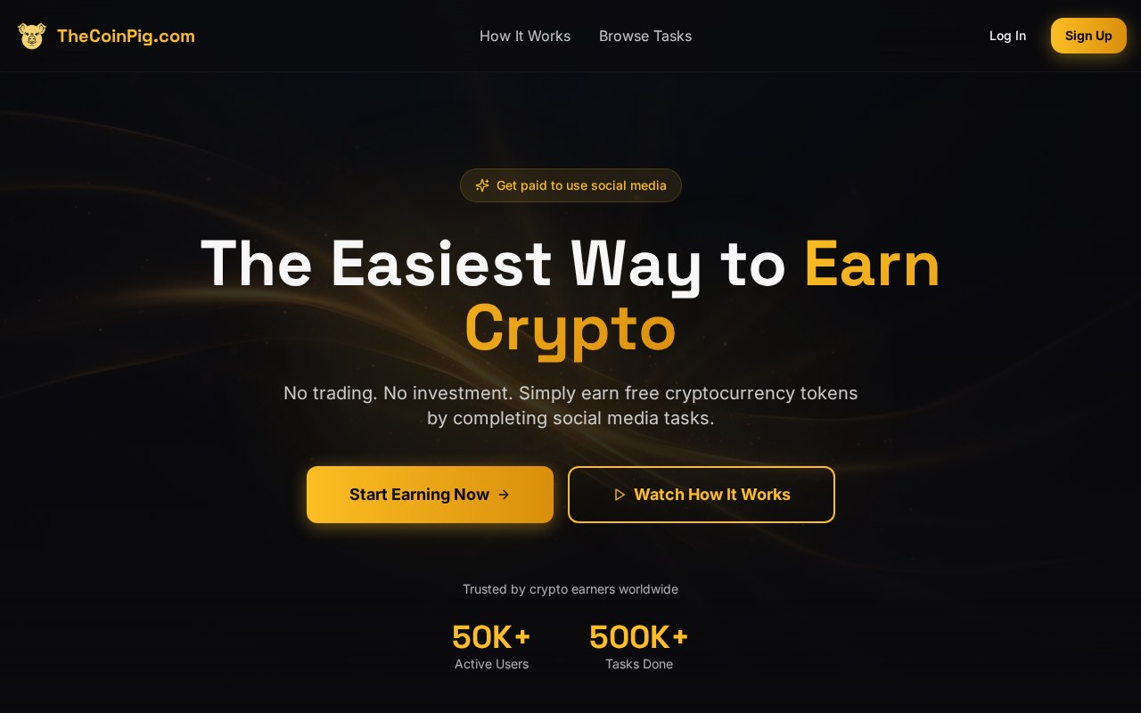 Screenshot of TheCoinPig.com homepage showing crypto micro tasks, social media jobs and Pigcoin phone mining